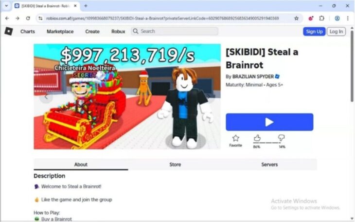 Betrügerische Roblox-Spieleseite